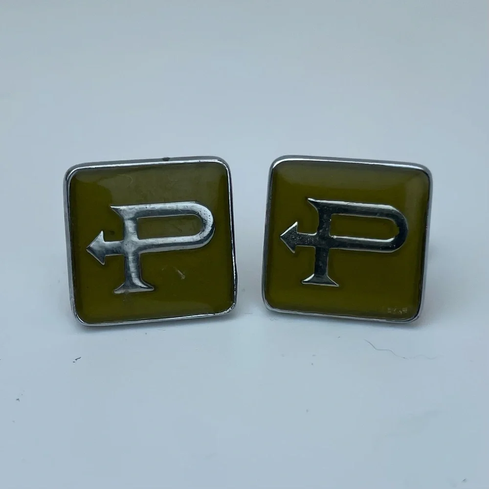Vintage Green Yellow Enamel Letter P Cufflinks Silver Tone Initial Set